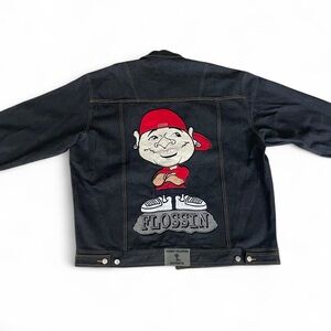 Stylish Black Denim Varsity Jacket with Cartoon Design